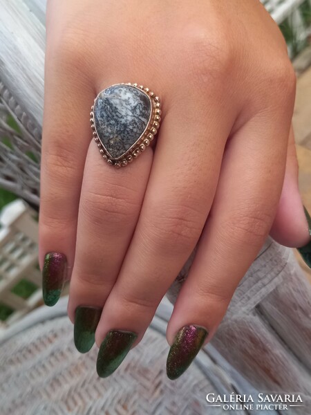 Real merlinite / dendritic opal silver ring size 8