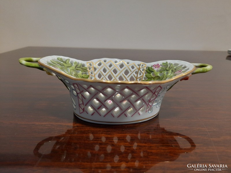 Herend fruit pattern bfr openwork basket with 2 handles, serving bowl