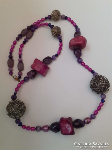 Retro long necklace made of raw and polished amethyst cultured pearls