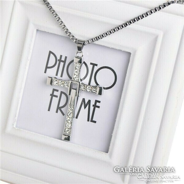 Special unisex cross pendant necklace with cube chain, decorated with crystal stone