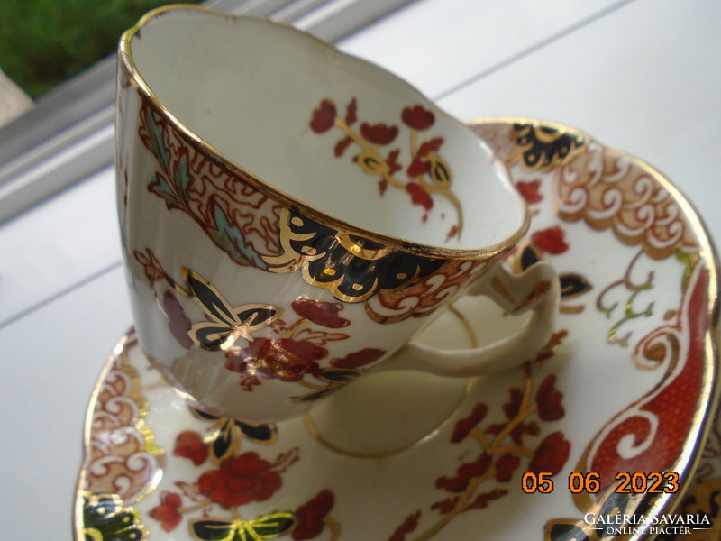 Antique English gold contoured Imari hand painted breakfast set with ribbed cup