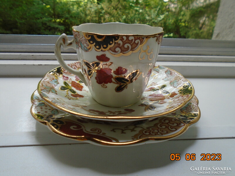 Antique English gold contoured Imari hand painted breakfast set with ribbed cup