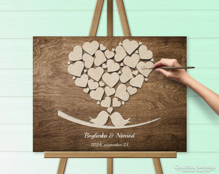 Wedding guest book fingerprint tree canvas picture 60x40 cm with heart and bird