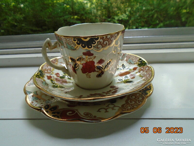 Antique English gold contoured Imari hand painted breakfast set with ribbed cup