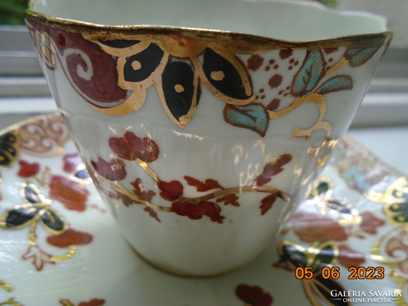 Antique English gold contoured Imari hand painted breakfast set with ribbed cup