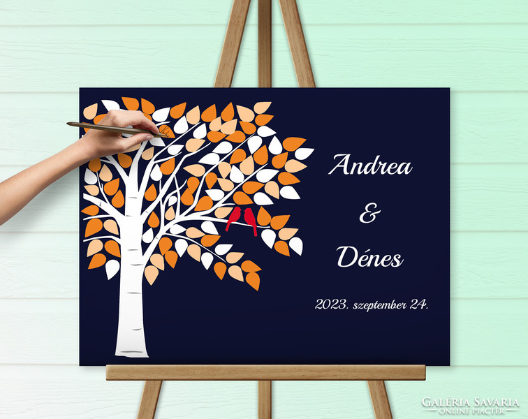 Esküvői vendégkönyv Ujjlenyomatfa vászonkép 60x40 cm madárral