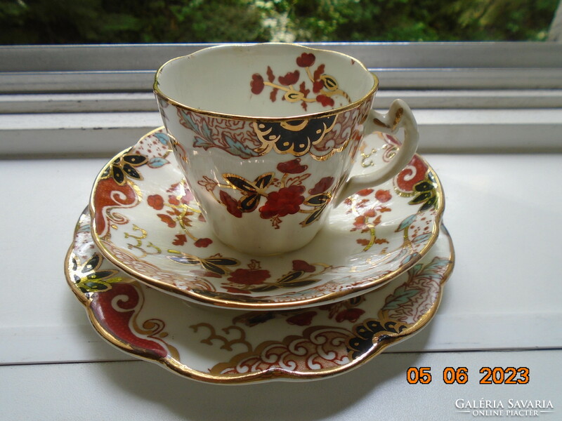 Antique English gold contoured Imari hand painted breakfast set with ribbed cup