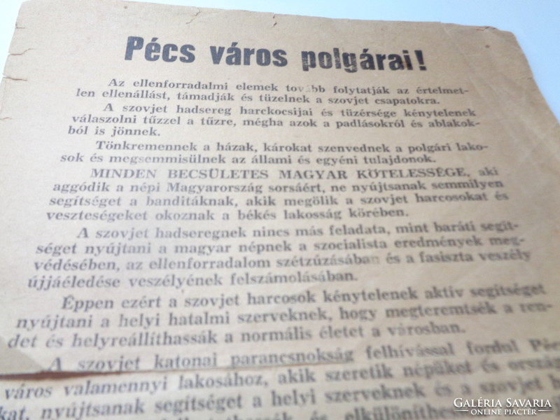 RÖPLAP  Pécs 1956.    A szovjet katonai parancsnokság  felhívása a  pécsi lakosokhoz
