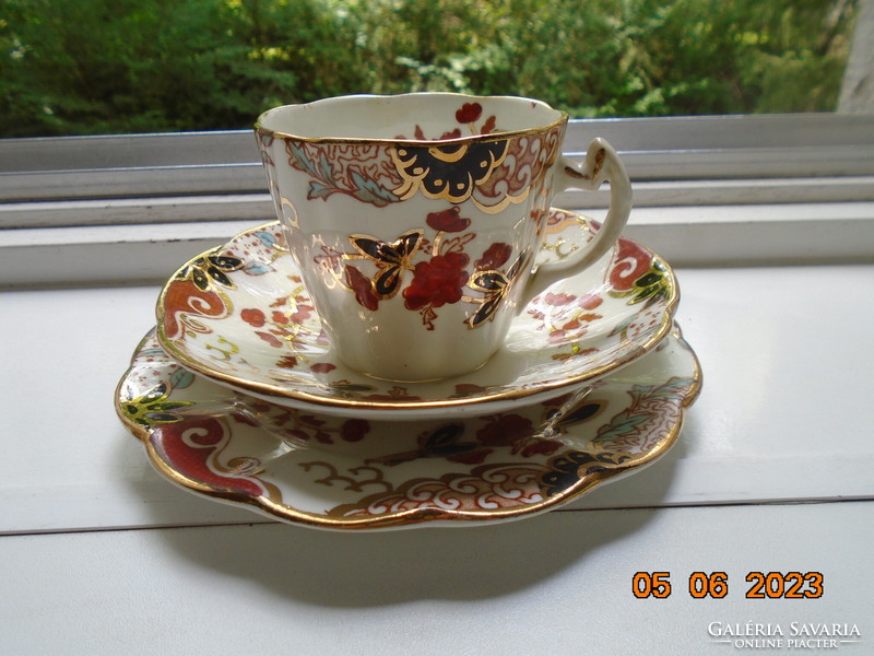 Antique English gold contoured Imari hand painted breakfast set with ribbed cup