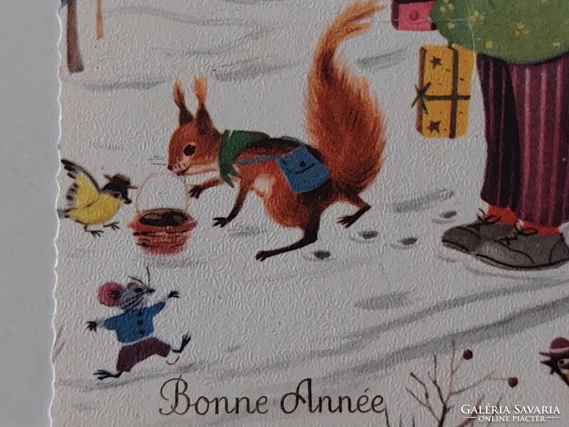 Régi újévi képeslap rajzos levelezőlap kislány mókus egér madarak