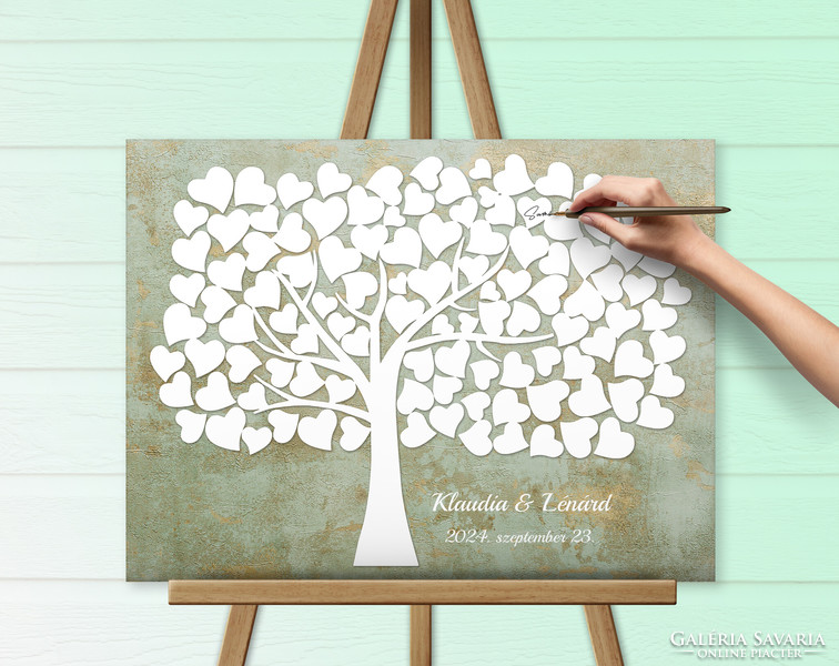 Esküvői vendégkönyv ujjlenyomatfa 60x40 cm vászonkép szív fa