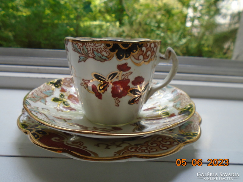 Antique English gold contoured Imari hand painted breakfast set with ribbed cup