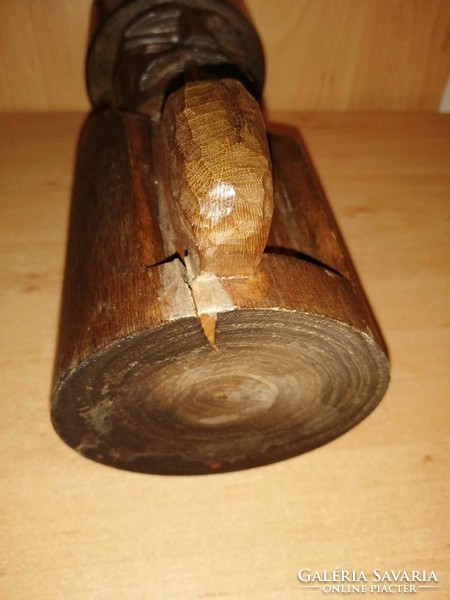 Régi faragott kucsmás tajték pipás fa férfi polcdísz figura - 24 cm (29/d)