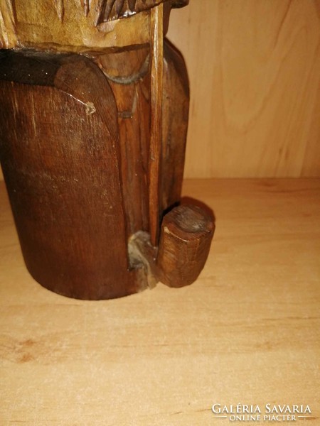 Régi faragott kucsmás tajték pipás fa férfi polcdísz figura - 24 cm (29/d)