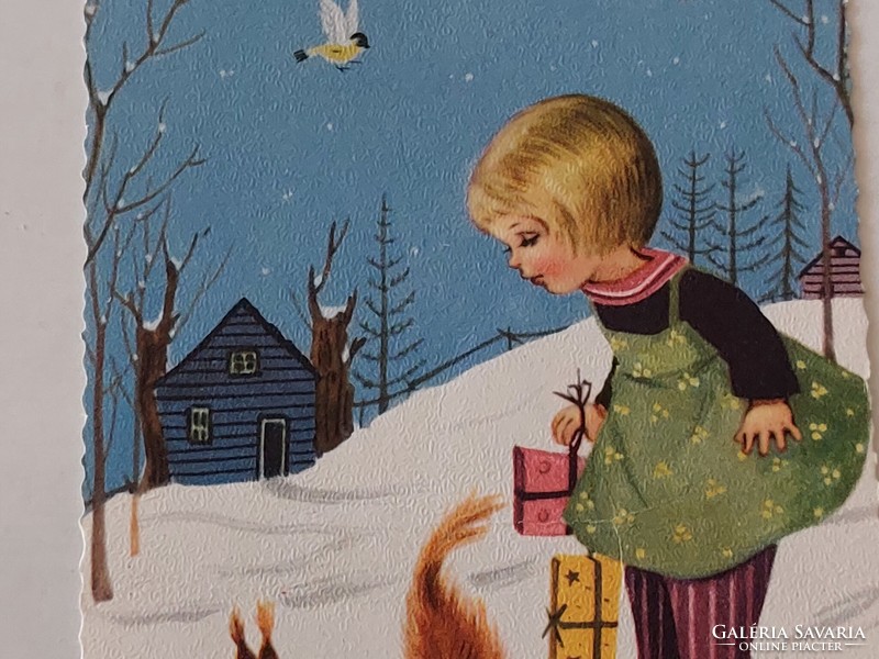 Régi újévi képeslap rajzos levelezőlap kislány mókus egér madarak