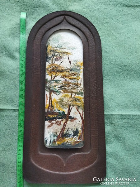 Leather framed wall decoration with oil-acrylic picture