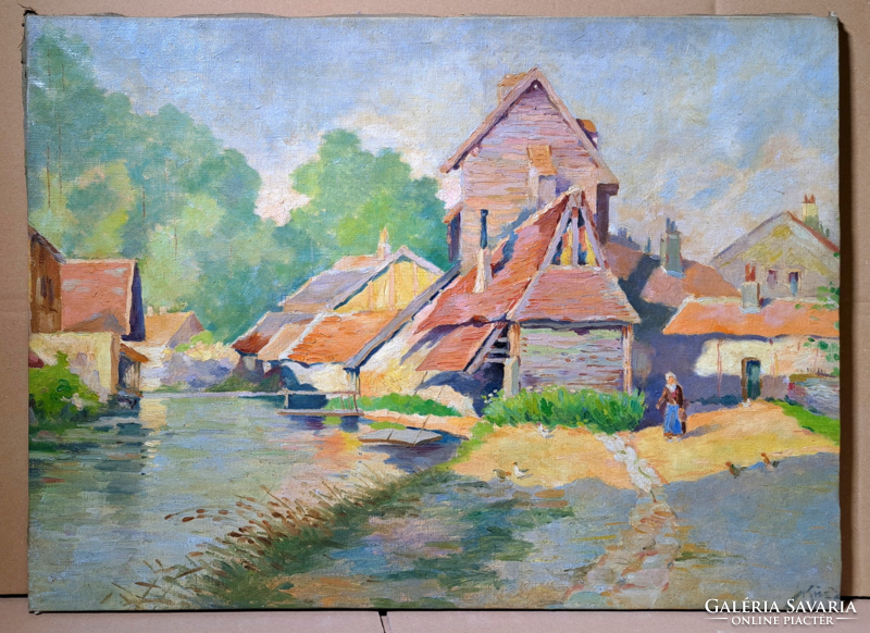 Village scene - oil painting - kiss z.