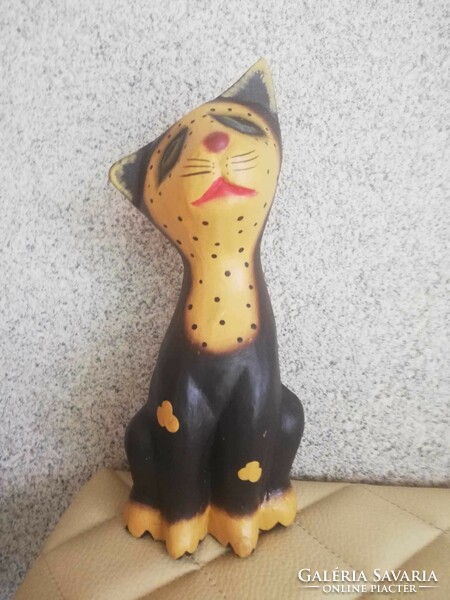 Large carved and painted wooden cat statue