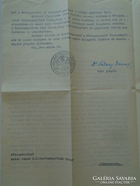 Za276.20 Letter written by Bishop Dr. József Pétery of Váci 1944 János Antal s.S. To the Provincial Chief