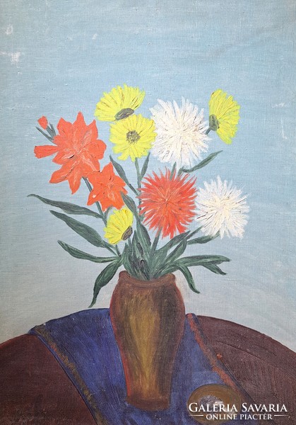 Flower still life with ashtray - 1965 - retro, social real oil painting