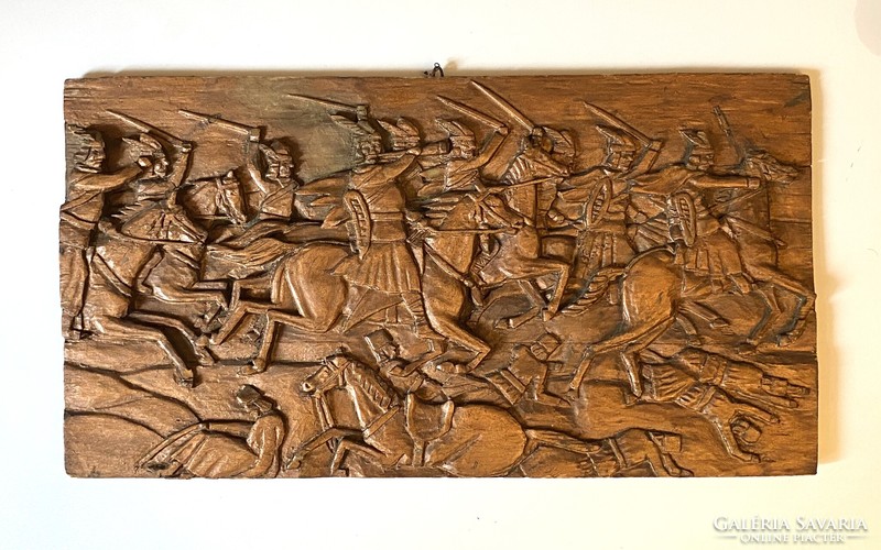 Fighting cavalry soldiers unique carved wooden wall picture 54 x 29 x 2 cm