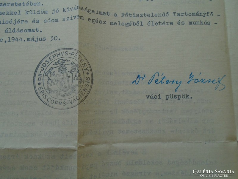 ZA276.20  Dr. Pétery József váci püspök által írt levél  1944  Antal János S.S. Tartományfőnök úrnak