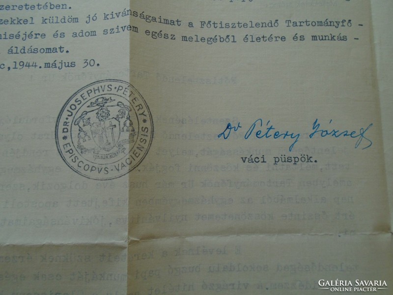 Za276.20 Letter written by Bishop Dr. József Pétery of Váci 1944 János Antal s.S. To the Provincial Chief