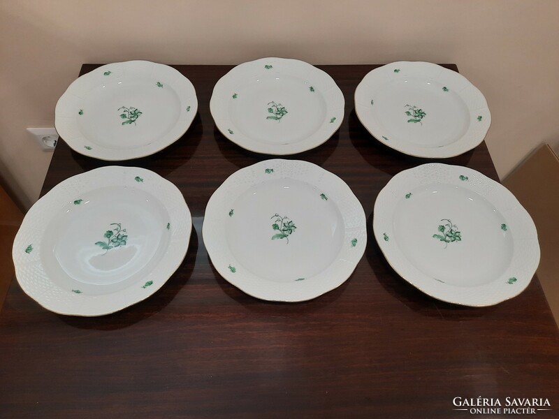 Set of 6 Herend green floral pattern zv porcelain semi-deep plates