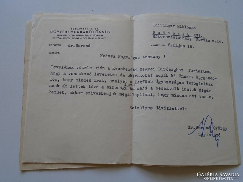 ZA287.12   Budapesti Ügyvédi Munkaközösség Dr. Berend György - Thiringer -Rákosszentmihály 1968