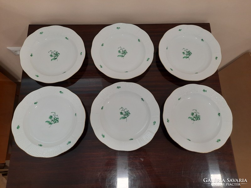 6 db Herendi zöld virágmintás ZV porcelán félmély tányér készlet