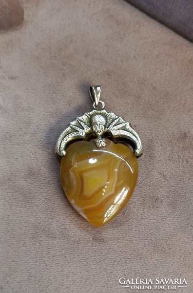 Antique Chinese silver pendant with agate stone