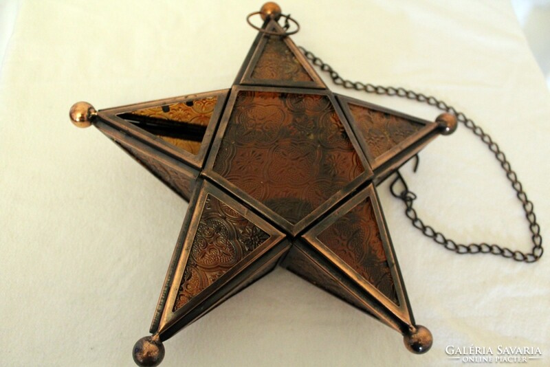 Smoked glass star-shaped hanging candle holder with copper fittings