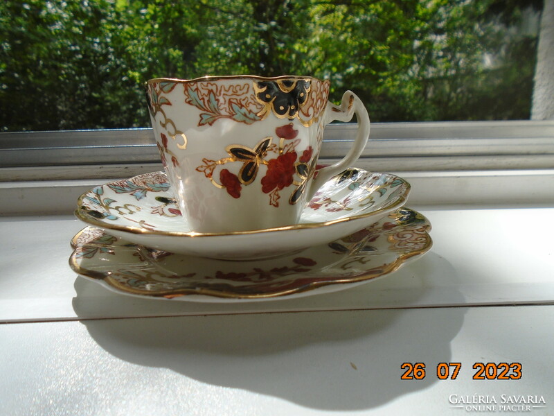 Antique English gold contoured Imari hand painted breakfast set with ribbed cup