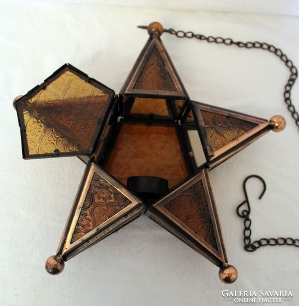Smoked glass star-shaped hanging candle holder with copper fittings