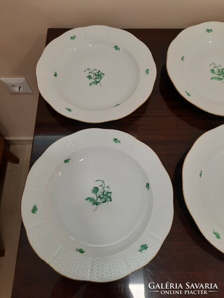 Set of 6 Herend green floral pattern zv porcelain semi-deep plates