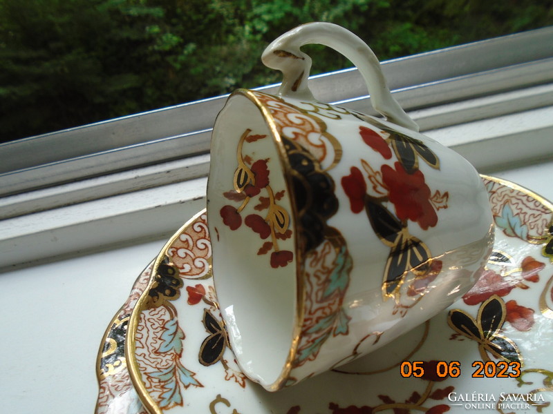 Antique English gold contoured Imari hand painted breakfast set with ribbed cup