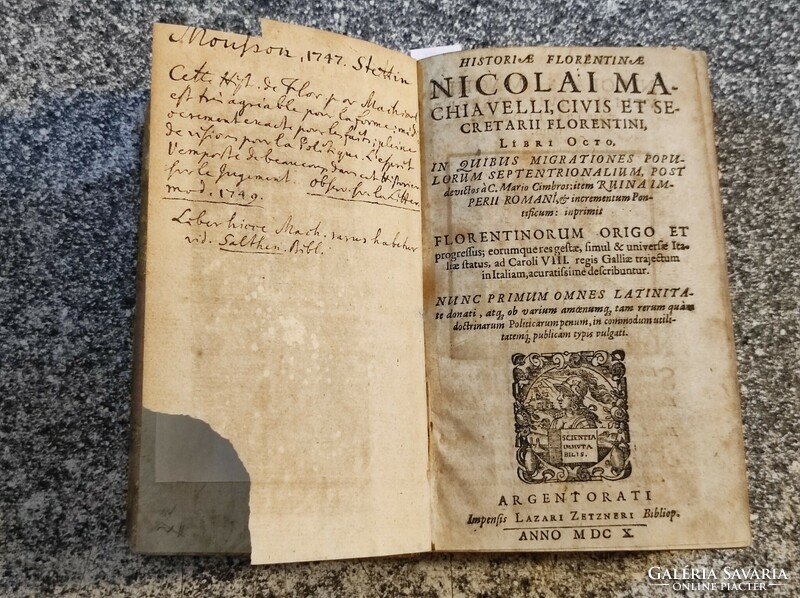 Historiae florentinae nicolai machiavelli.. (History of Florence). Salzburg. Lazarus Zetner 1610