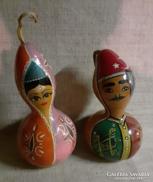 2 pcs. Old hand painted gourd girl and boy couple with lovely faces