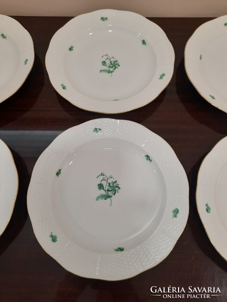 6 db Herendi zöld virágmintás ZV porcelán félmély tányér készlet
