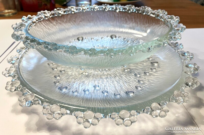 Two beautiful salad and cake glass bowls with pearl-like, laced edges, offering,