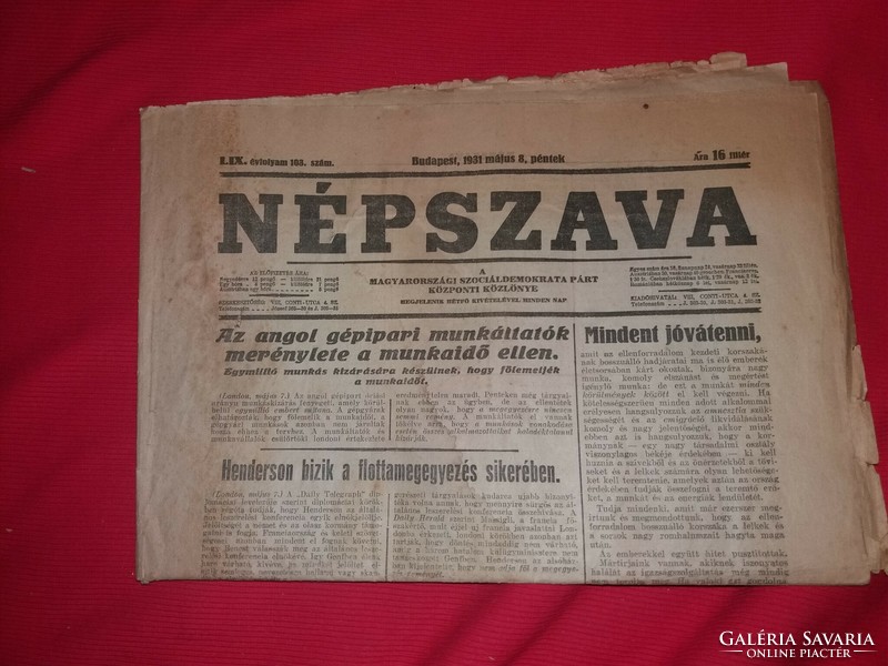 Antik 1931 május 08. " NÉPSZAVA " az SZDP kiadványa szép állapot képek szerint