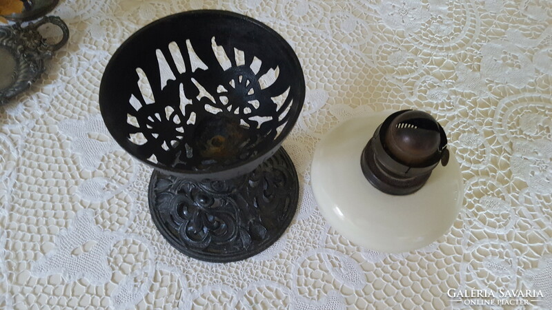 Milk glass kerosene lamp with cast iron base