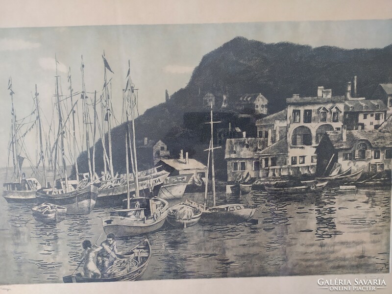 Greek tapestry: capri, colored etching in original frame, behind glass, marked, flawless, 60x50 cm