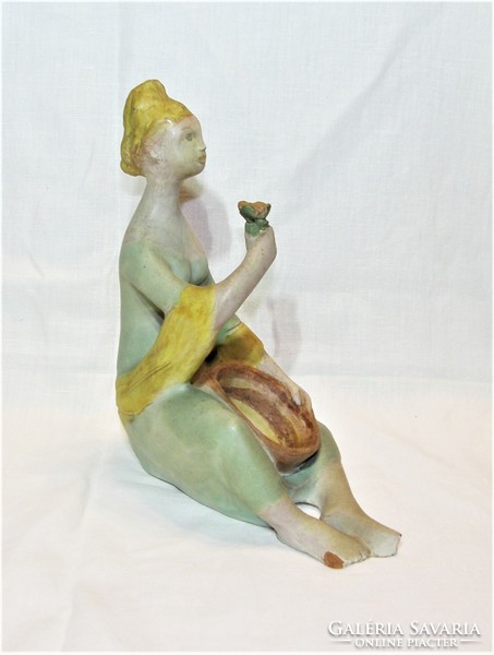 Girl with bowl and flower - glazed ceramic figurine - butcher's gauze?