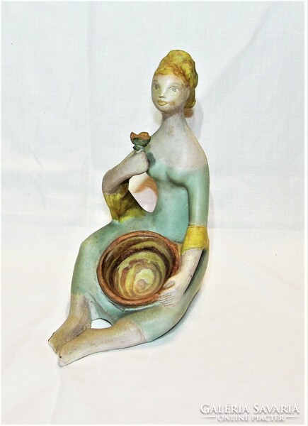 Girl with bowl and flower - glazed ceramic figurine - butcher's gauze?