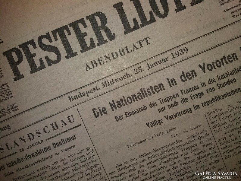 Antik 1939 " PESTER LLOYD " A spanyol nácik győzelme újság szép állapot darabra