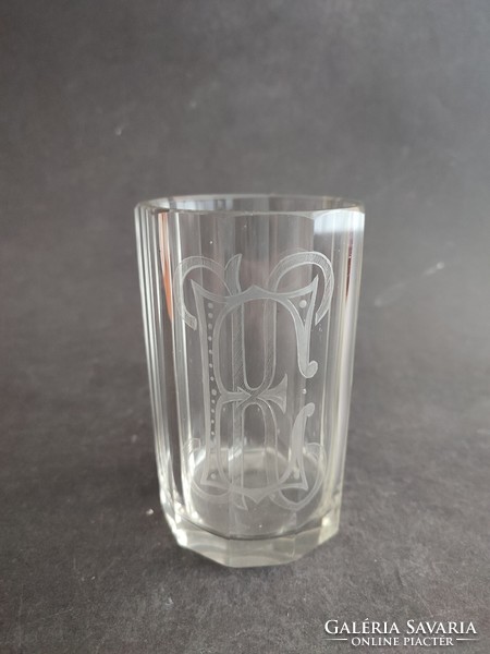 Antique thick village bieder glass cup with monogram - ep