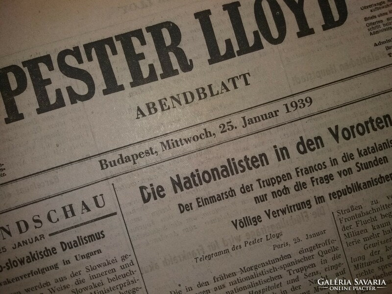 Antik 1939 " PESTER LLOYD " A spanyol nácik győzelme újság szép állapot darabra