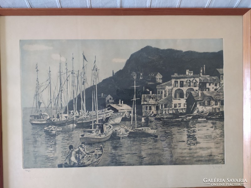 Greek tapestry: capri, colored etching in original frame, behind glass, marked, flawless, 60x50 cm