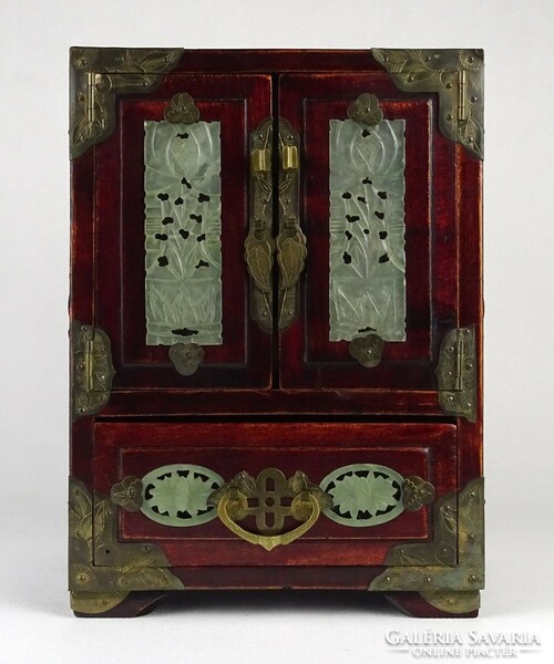 1N590 old marked Chinese mahogany lacquer cabinet with jade inlay 24.5 Cm
